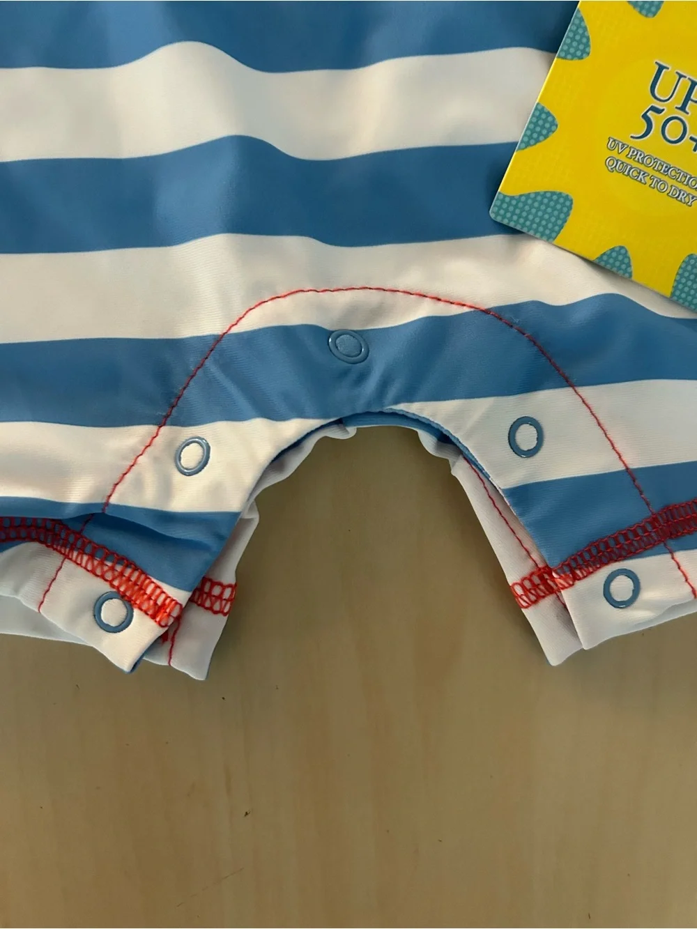 NWT Little Me Blue & White Striped Kids Long-Sleeve Swim Suit with Red Trim